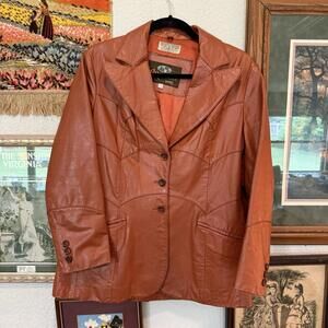 Vintage 70s RARE Retro Leather Blazer Jacket Cowboy Western Brazilia D&H Size 14
